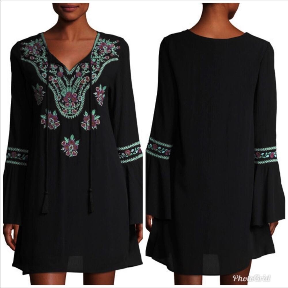 Boho NWT Embroidered Black Dress Anthro Floral Rose Mini by Chloe Oliver